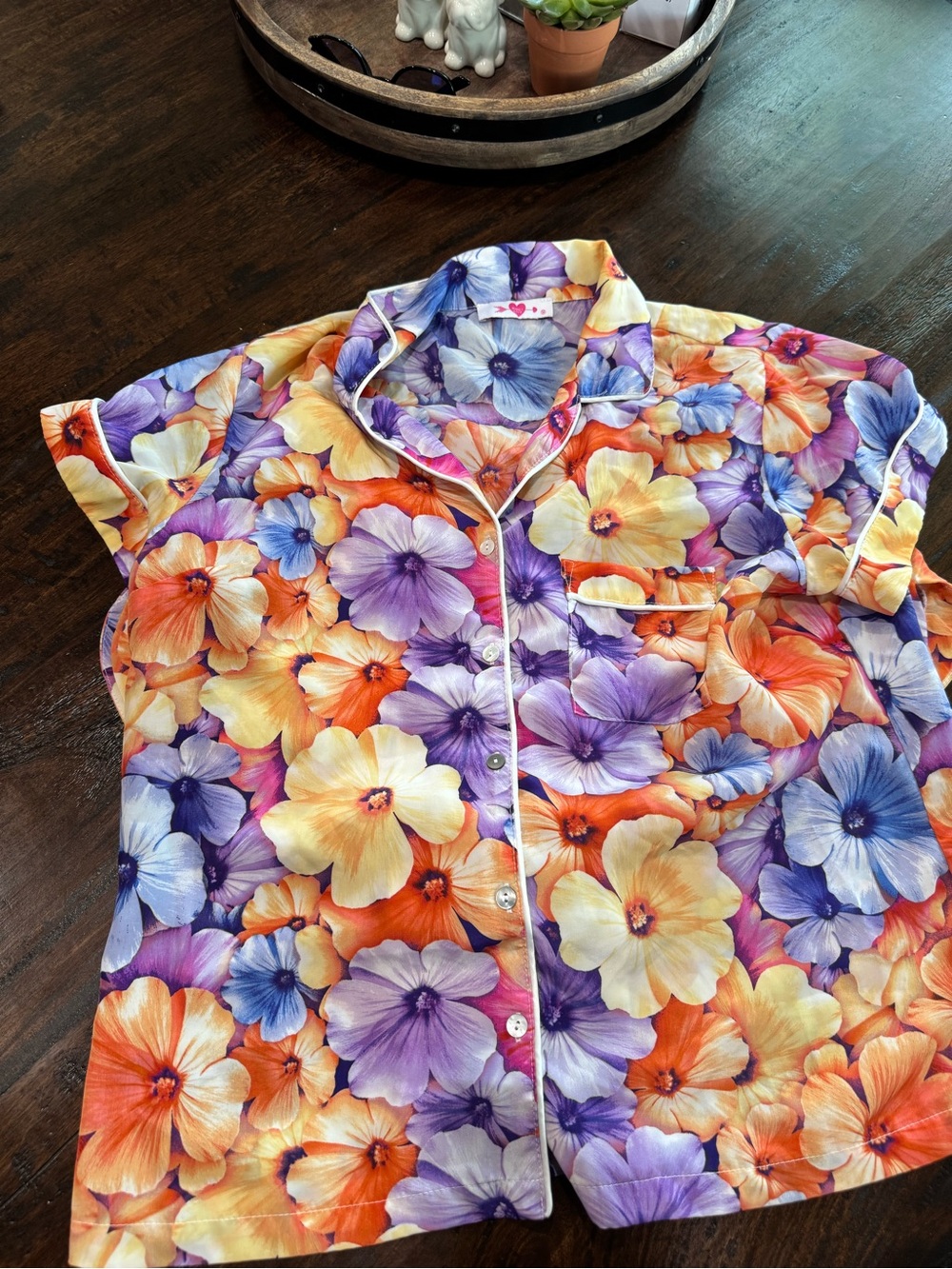Buddy Love Floral Short Sleeve Pajama Top in Purple, Orange, Yellow